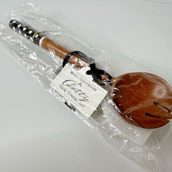 MacKenzie Childs Dotty Salad Serving Set Wood With Black White Polka Dot Handle - Picture 1 of 16